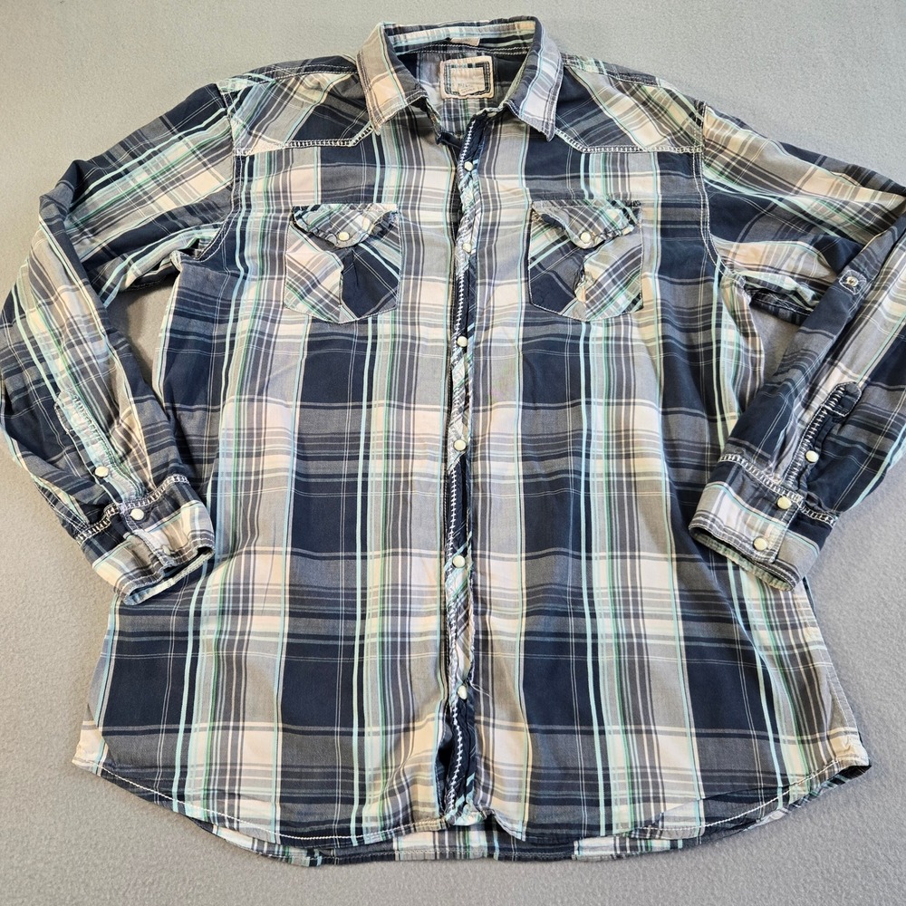 BKE Plaid Western Button Down Shirt Mens XL Blue Green Athletic Fit Snap Front